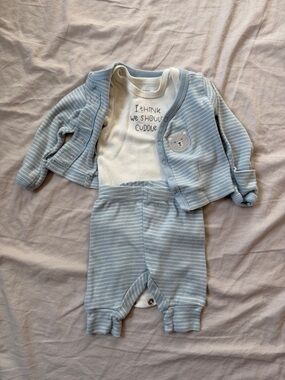Baby Boys Blue Striped Matching Set with Bear Embroidery